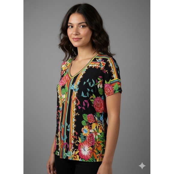 Johnny Was Tops - Johnny Was Tropical Floral Stripe Multicolor Tee T Shirt Floral Boho Colorful